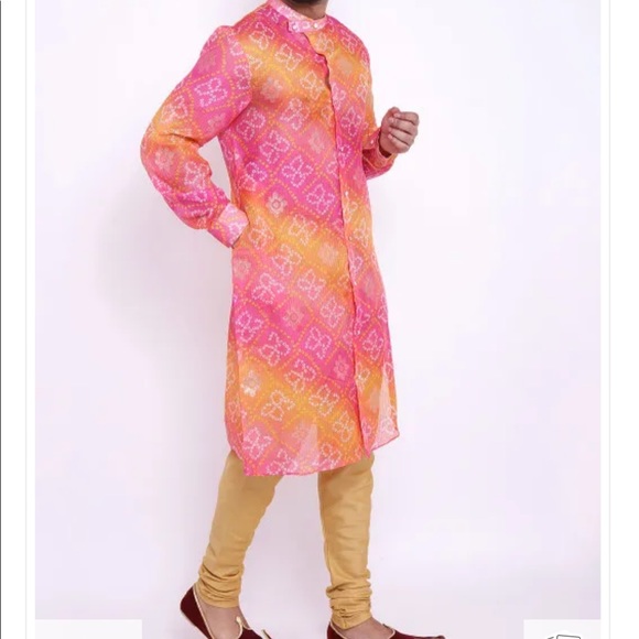 Bandhej Kota Silk Front Open Kurta Set in Pink and Mustard Size: 34 - Picture 1 of 4